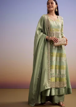Green Tissue Anarkali Suit With Gotta Work And Dupatta