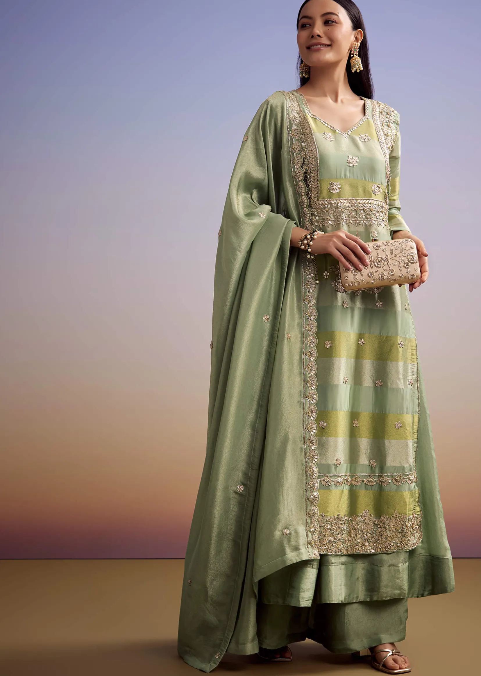 Green Tissue Anarkali Suit With Gotta Work And Dupatta