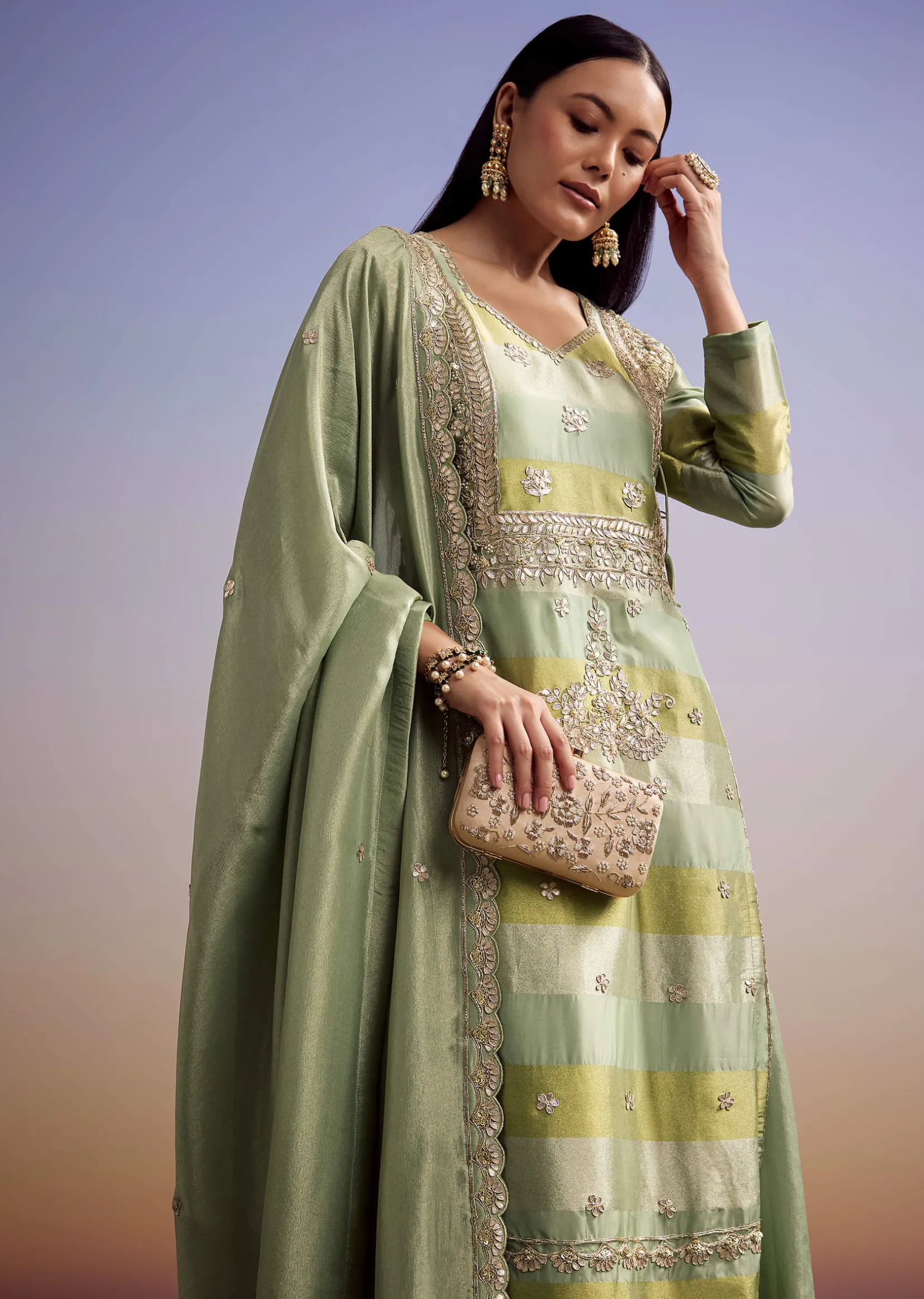 Green Tissue Anarkali Suit With Gotta Work And Dupatta
