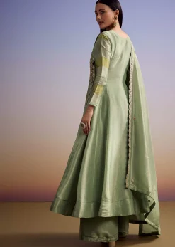 Green Tissue Anarkali Suit With Gotta Work And Dupatta