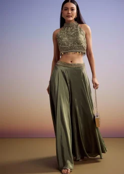 Green Tissue Crop Top Set With Orange Pastel Embroidery