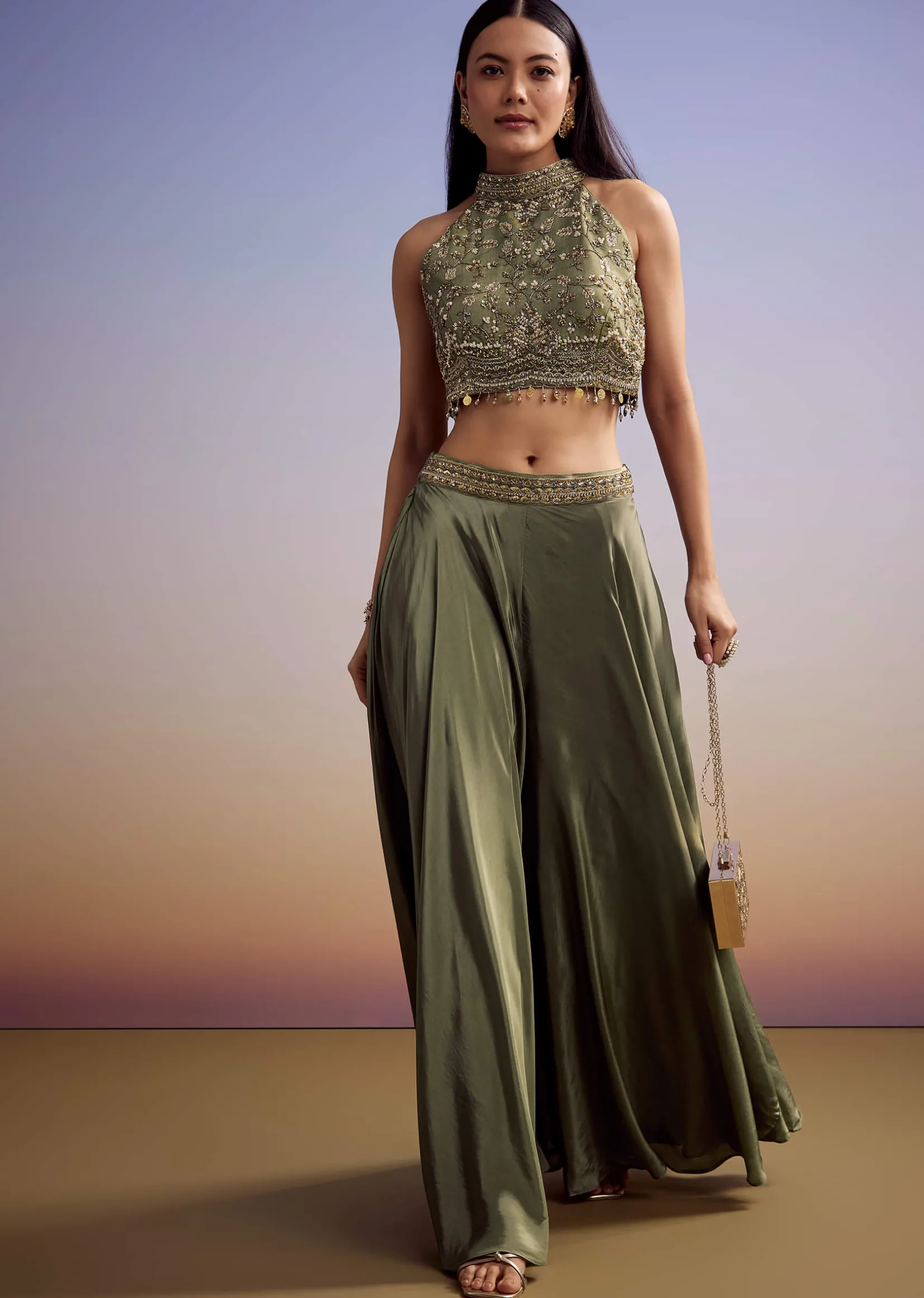 Green Tissue Crop Top Set With Orange Pastel Embroidery