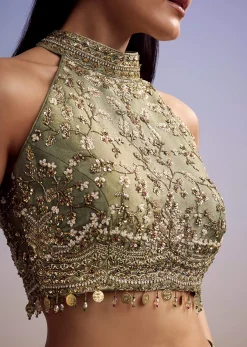 Green Tissue Crop Top Set With Orange Pastel Embroidery