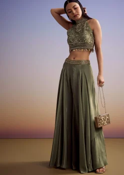 Green Tissue Crop Top Set With Orange Pastel Embroidery