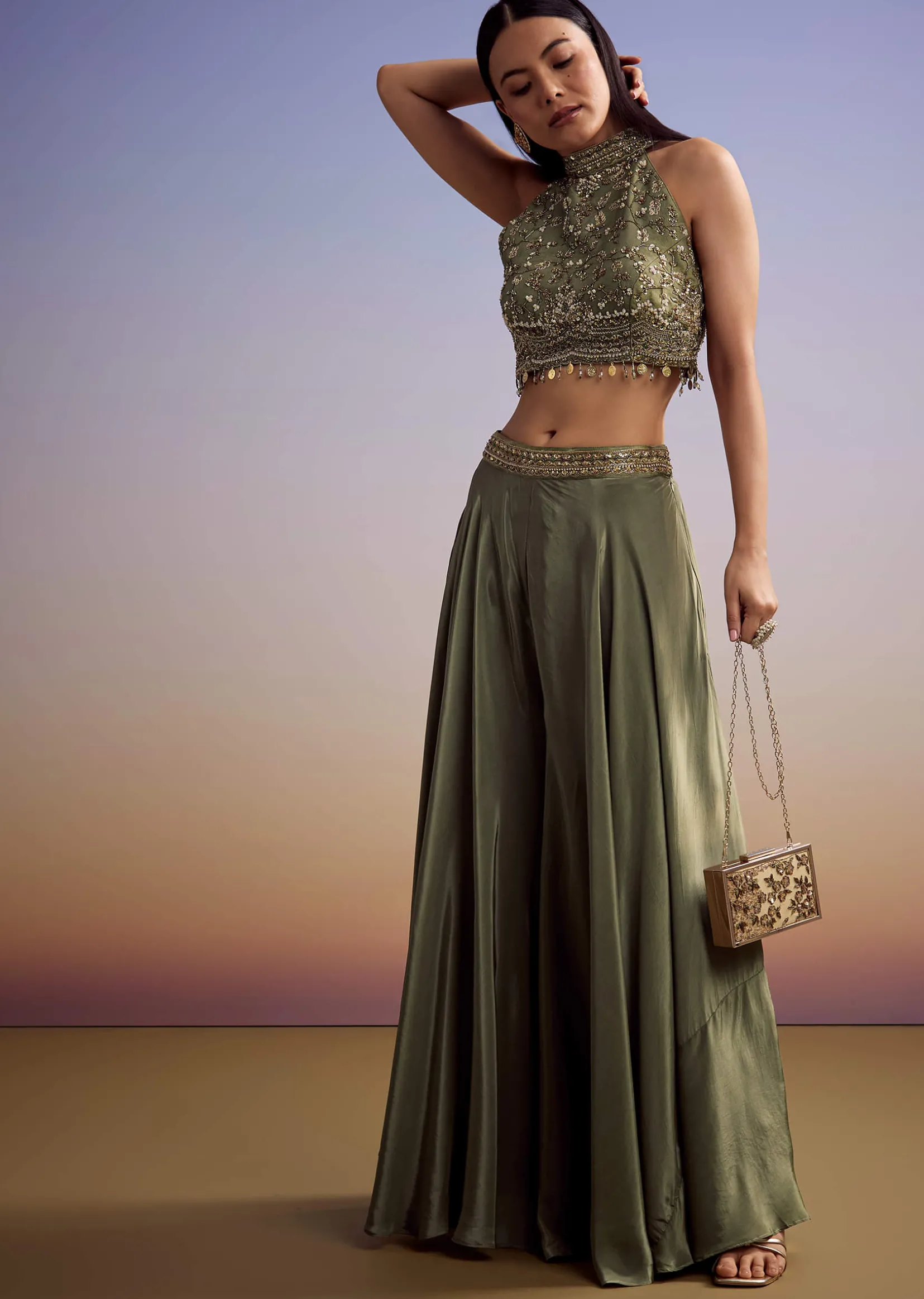 Green Tissue Crop Top Set With Orange Pastel Embroidery