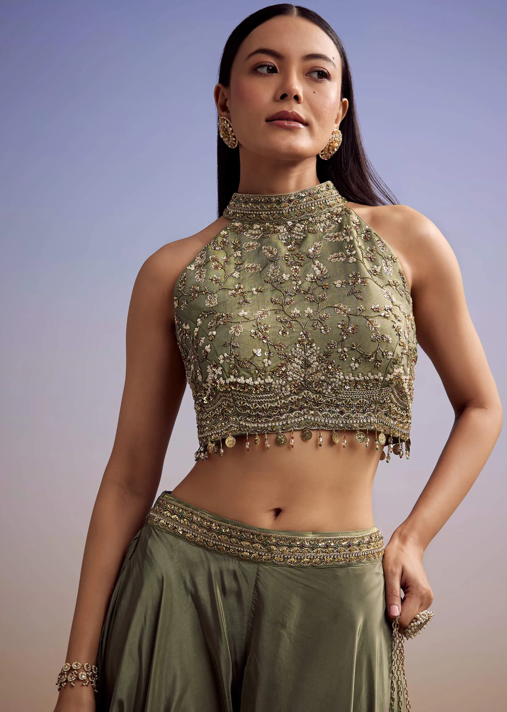 Green Tissue Crop Top Set With Orange Pastel Embroidery