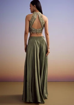 Green Tissue Crop Top Set With Orange Pastel Embroidery