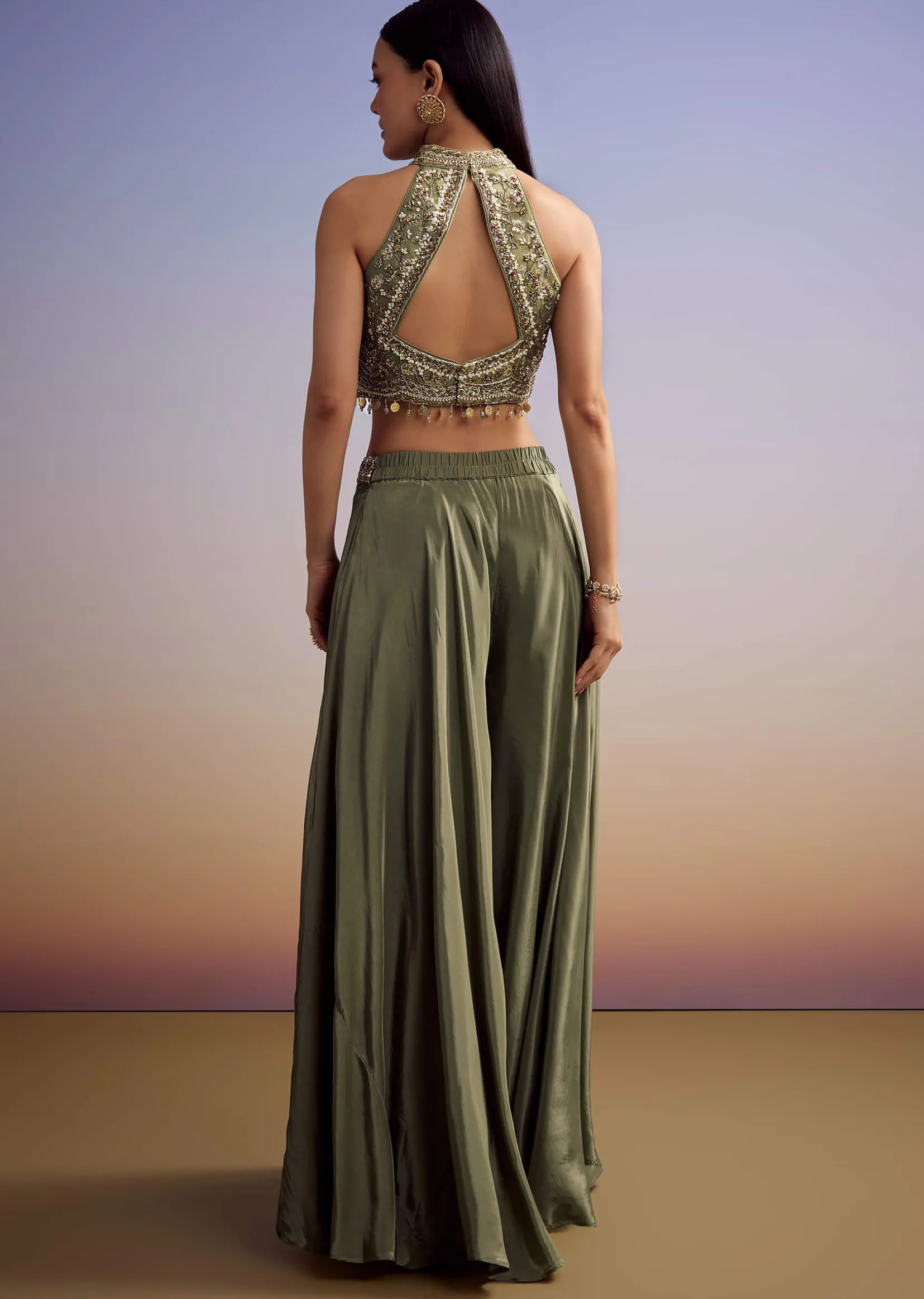 Green Tissue Crop Top Set With Orange Pastel Embroidery