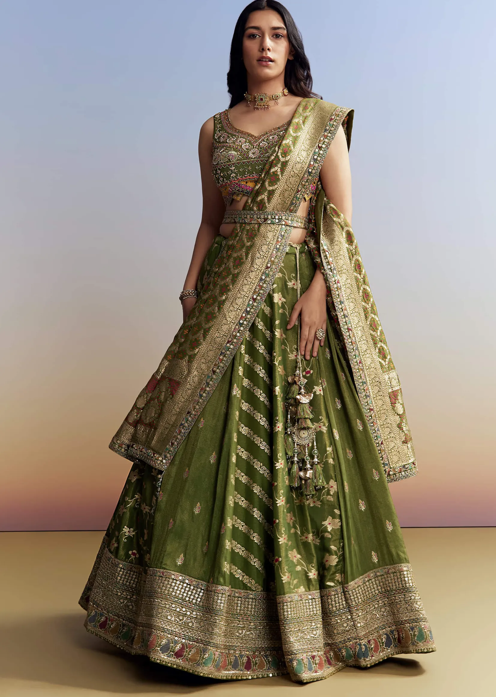 Green Tissue Embroidered Bridesmaid Lehenga