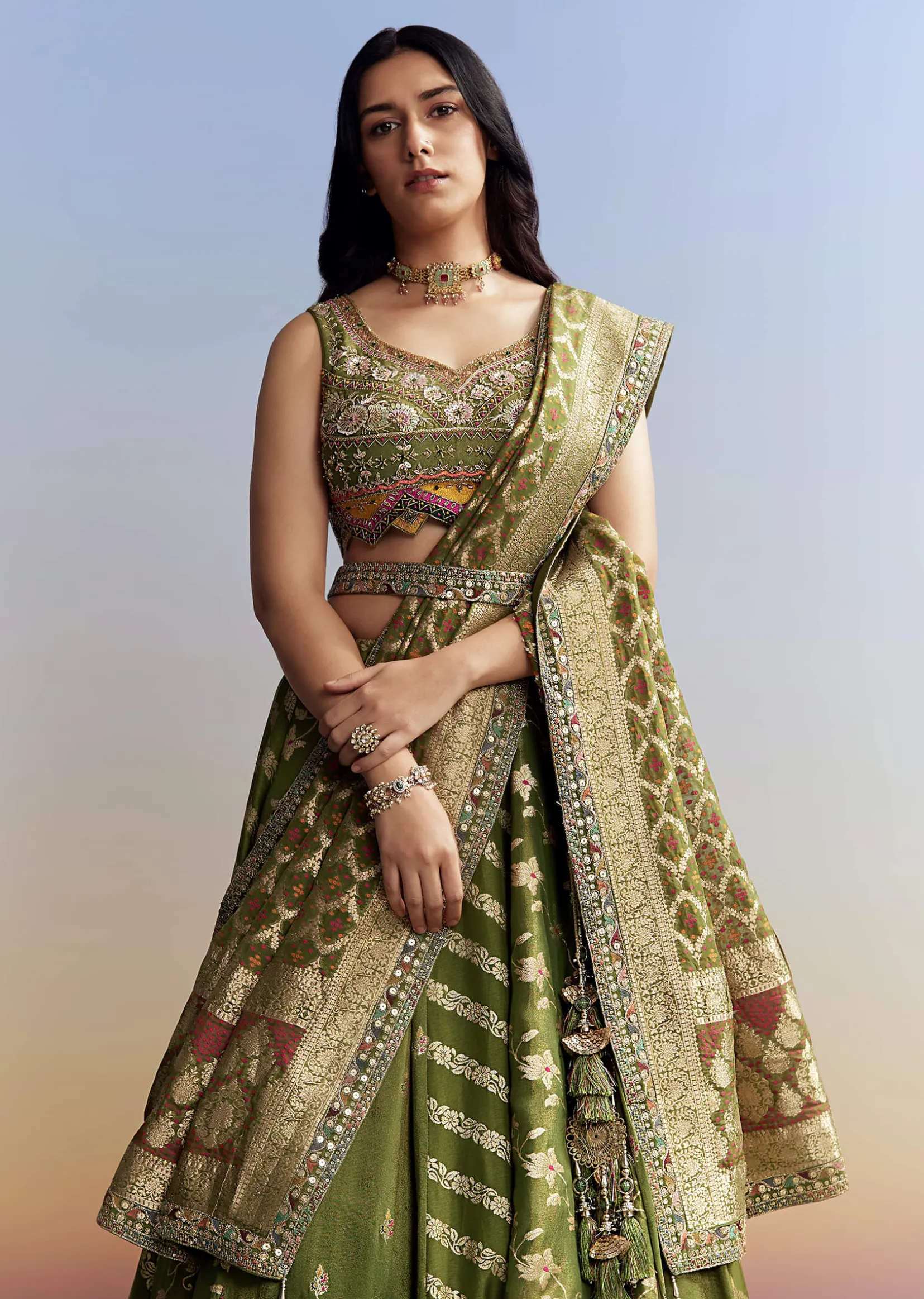 Green Tissue Embroidered Bridesmaid Lehenga