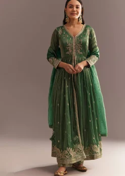 Green Tissue Embroidered Anarkali Pant With Organza Dupatta