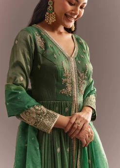 Green Tissue Embroidered Anarkali Pant With Organza Dupatta