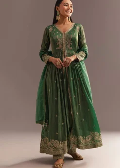 Green Tissue Embroidered Anarkali Pant With Organza Dupatta