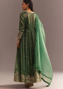 Green Tissue Embroidered Anarkali Pant With Organza Dupatta