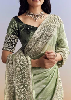 Green Tissue Saree With Velvet Blouse And Richly Embroidered Borders