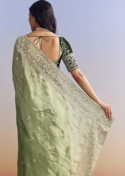 Green Tissue Saree With Velvet Blouse And Richly Embroidered Borders