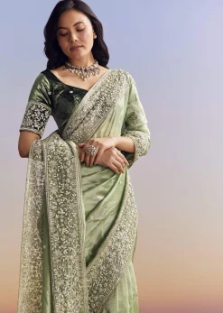 Green Tissue Saree With Velvet Blouse And Richly Embroidered Borders