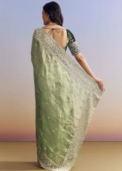 Green Tissue Saree With Velvet Blouse And Richly Embroidered Borders