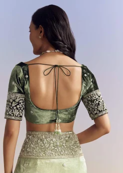 Green Tissue Saree With Velvet Blouse And Richly Embroidered Borders