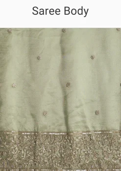 Green Tissue Saree With Velvet Blouse And Richly Embroidered Borders