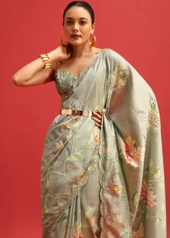 Green Tissue Silk Floral Printed Saree With Embroidered Border And Unstitched Blouse