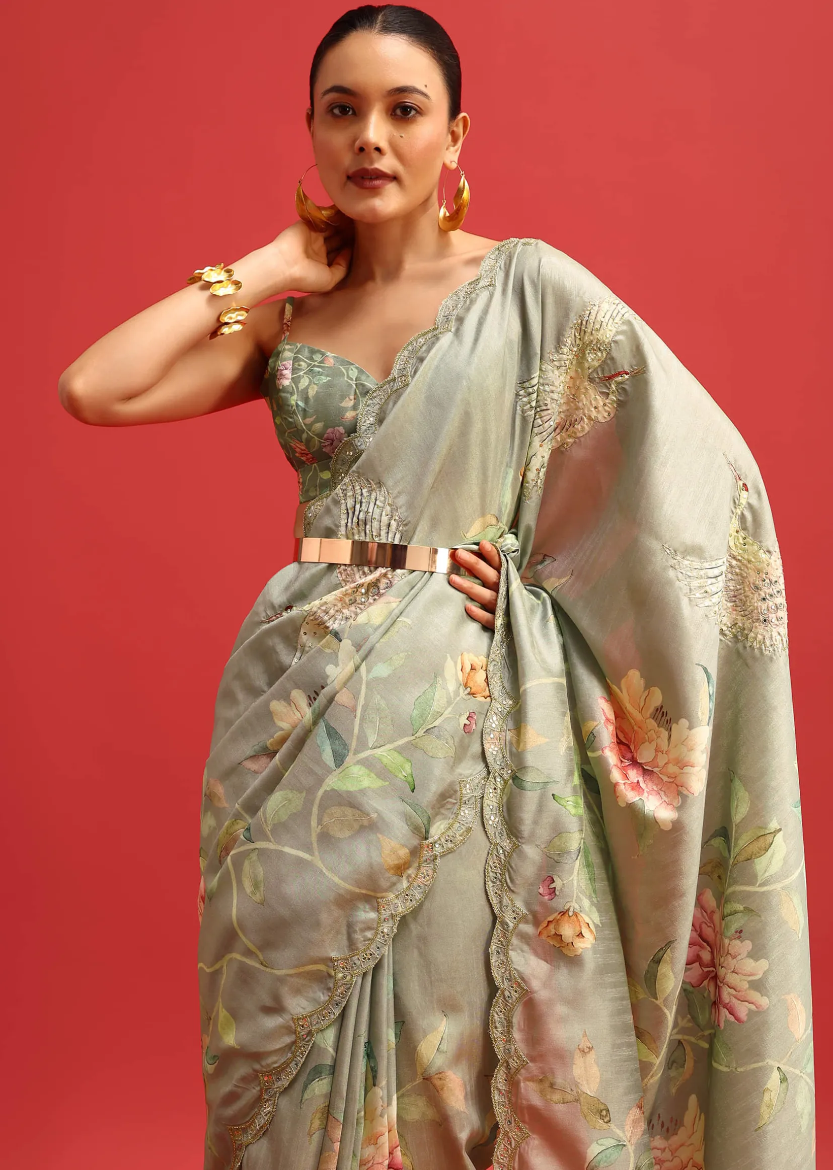 Green Tissue Silk Floral Printed Saree With Embroidered Border And Unstitched Blouse
