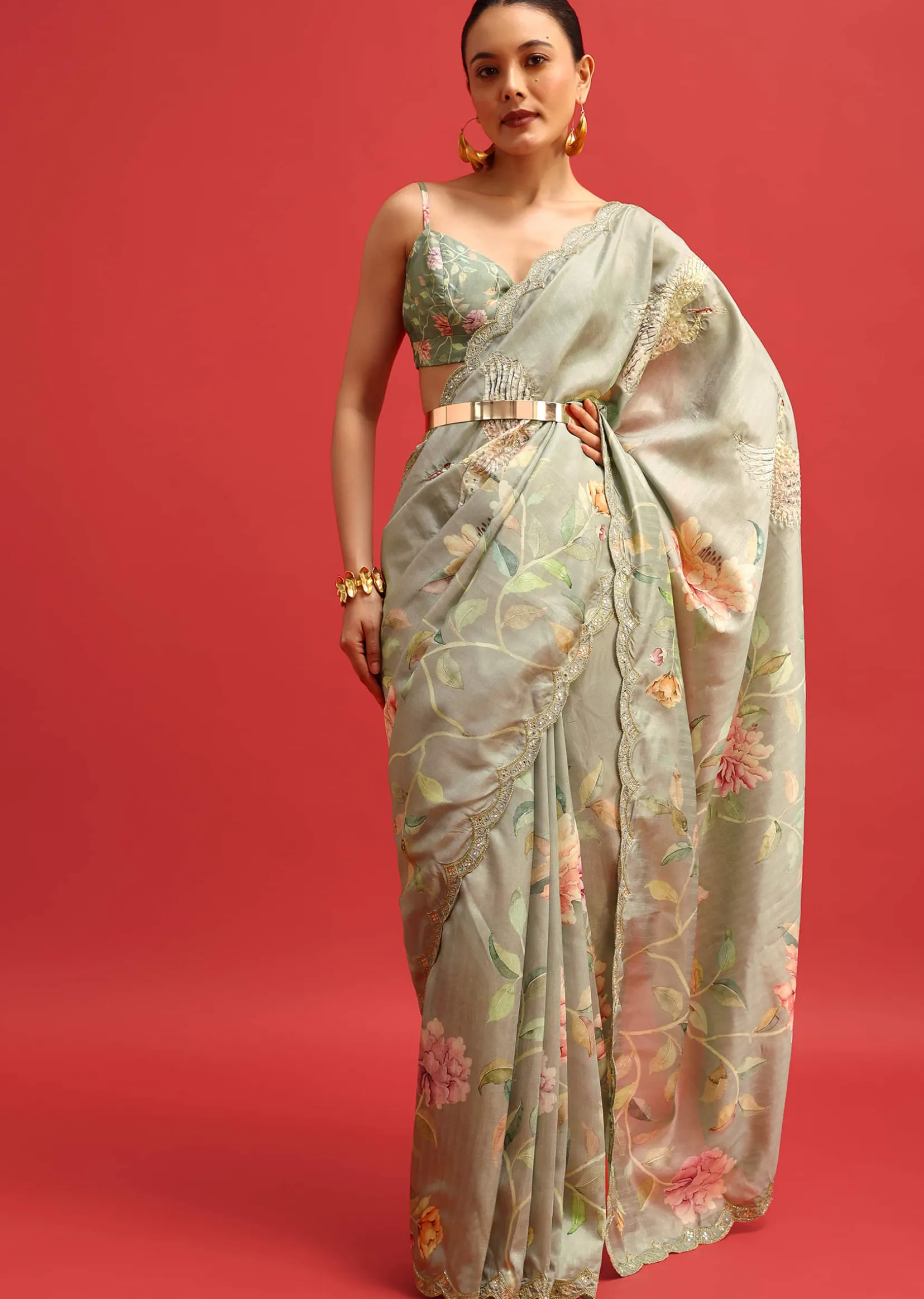 Green Tissue Silk Floral Printed Saree With Embroidered Border And Unstitched Blouse