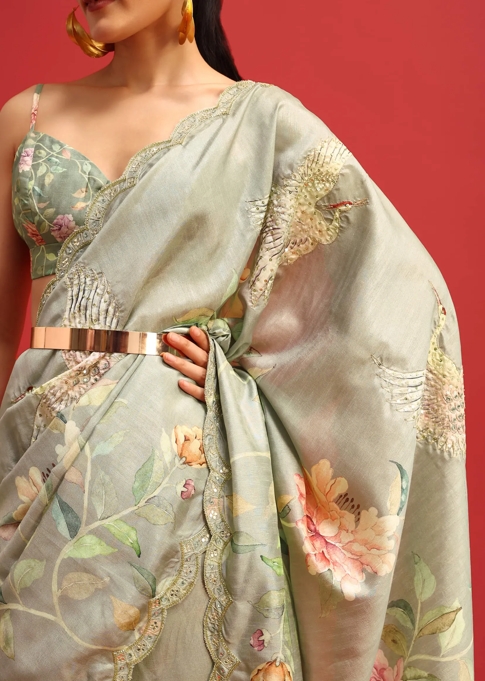 Green Tissue Silk Floral Printed Saree With Embroidered Border And Unstitched Blouse