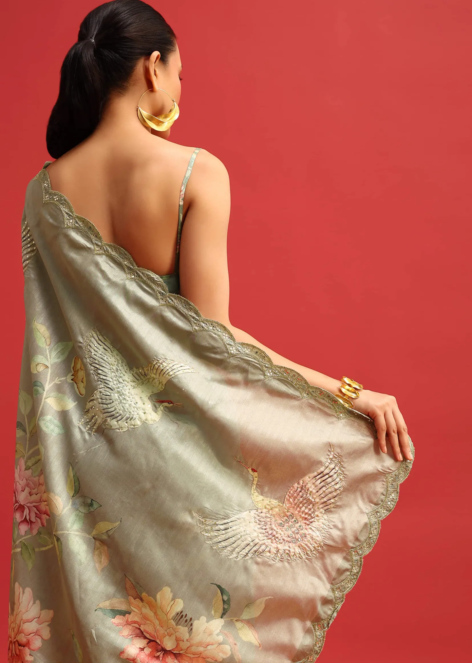Green Tissue Silk Floral Printed Saree With Embroidered Border And Unstitched Blouse