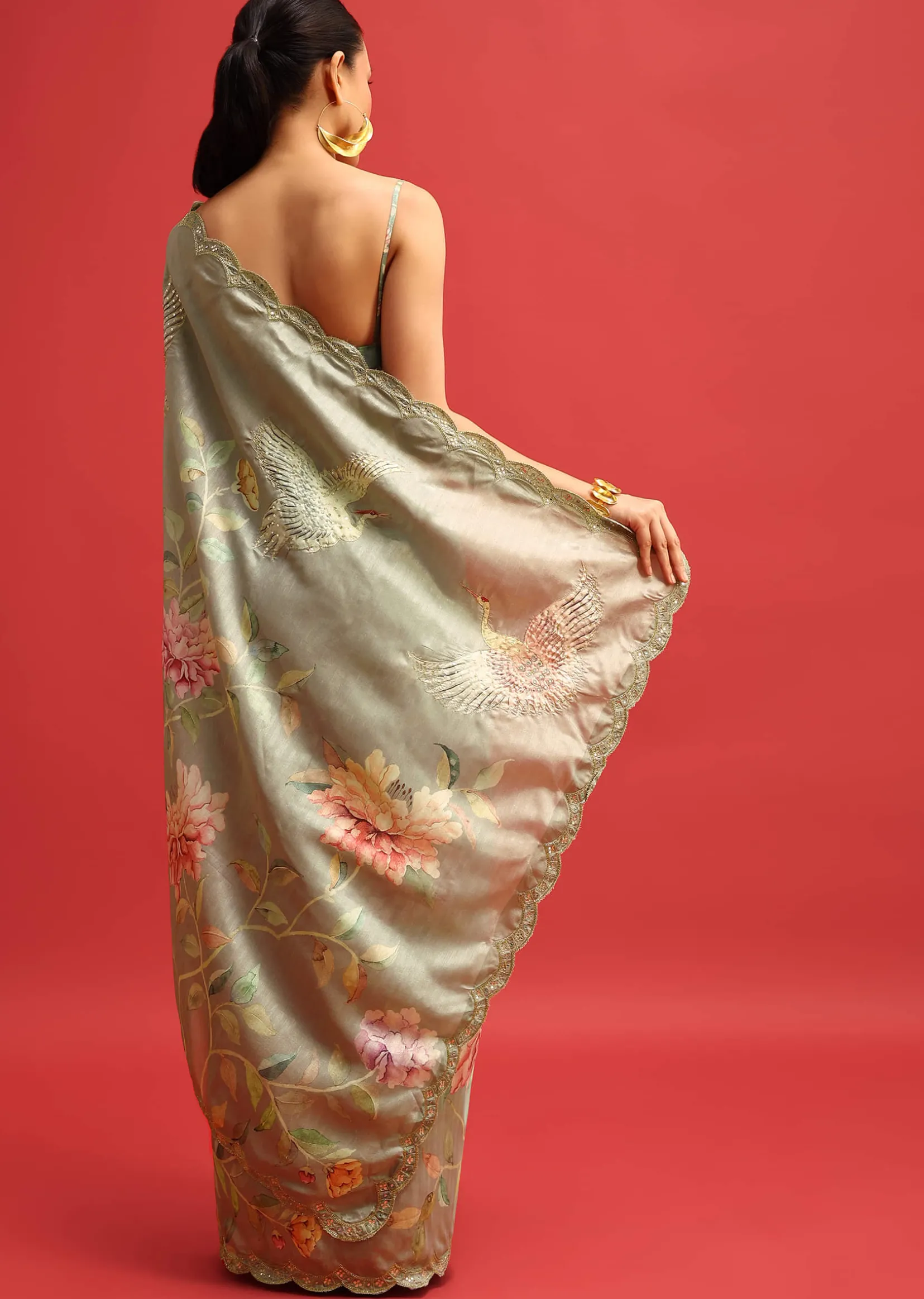 Green Tissue Silk Floral Printed Saree With Embroidered Border And Unstitched Blouse
