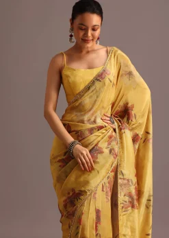 Green Tissue Silk Floral Leaf Printed Saree With Embroidered Border