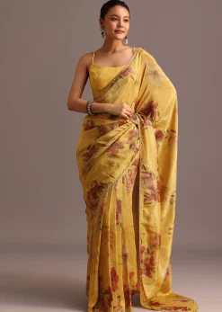 Green Tissue Silk Floral Leaf Printed Saree With Embroidered Border