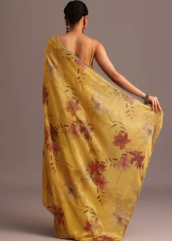 Green Tissue Silk Floral Leaf Printed Saree With Embroidered Border