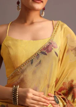 Green Tissue Silk Floral Leaf Printed Saree With Embroidered Border