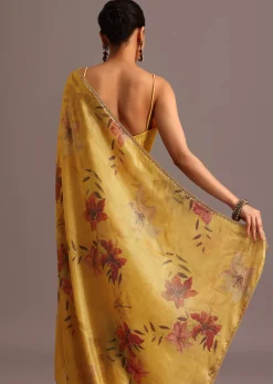 Green Tissue Silk Floral Leaf Printed Saree With Embroidered Border