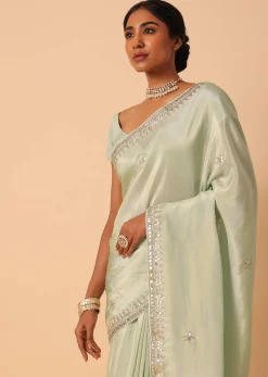 Green Tissue Silk Saree With Gota Patti Work And Unstitched Blouse Piece