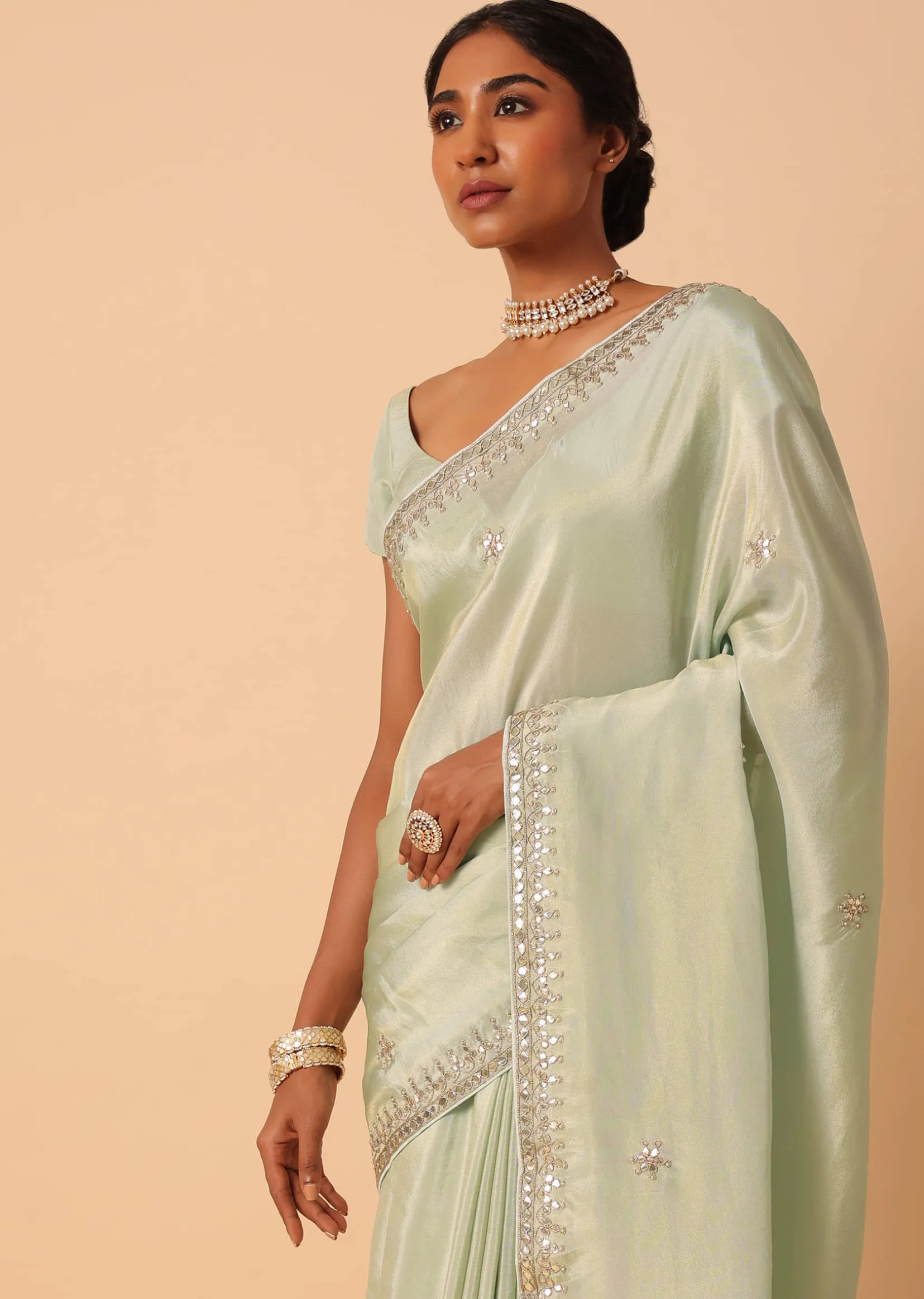 Green Tissue Silk Saree With Gota Patti Work And Unstitched Blouse Piece