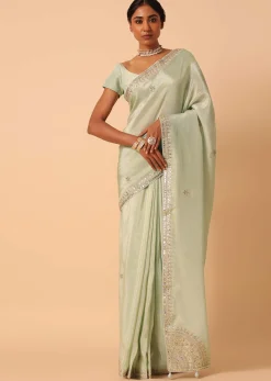 Green Tissue Silk Saree With Gota Patti Work And Unstitched Blouse Piece