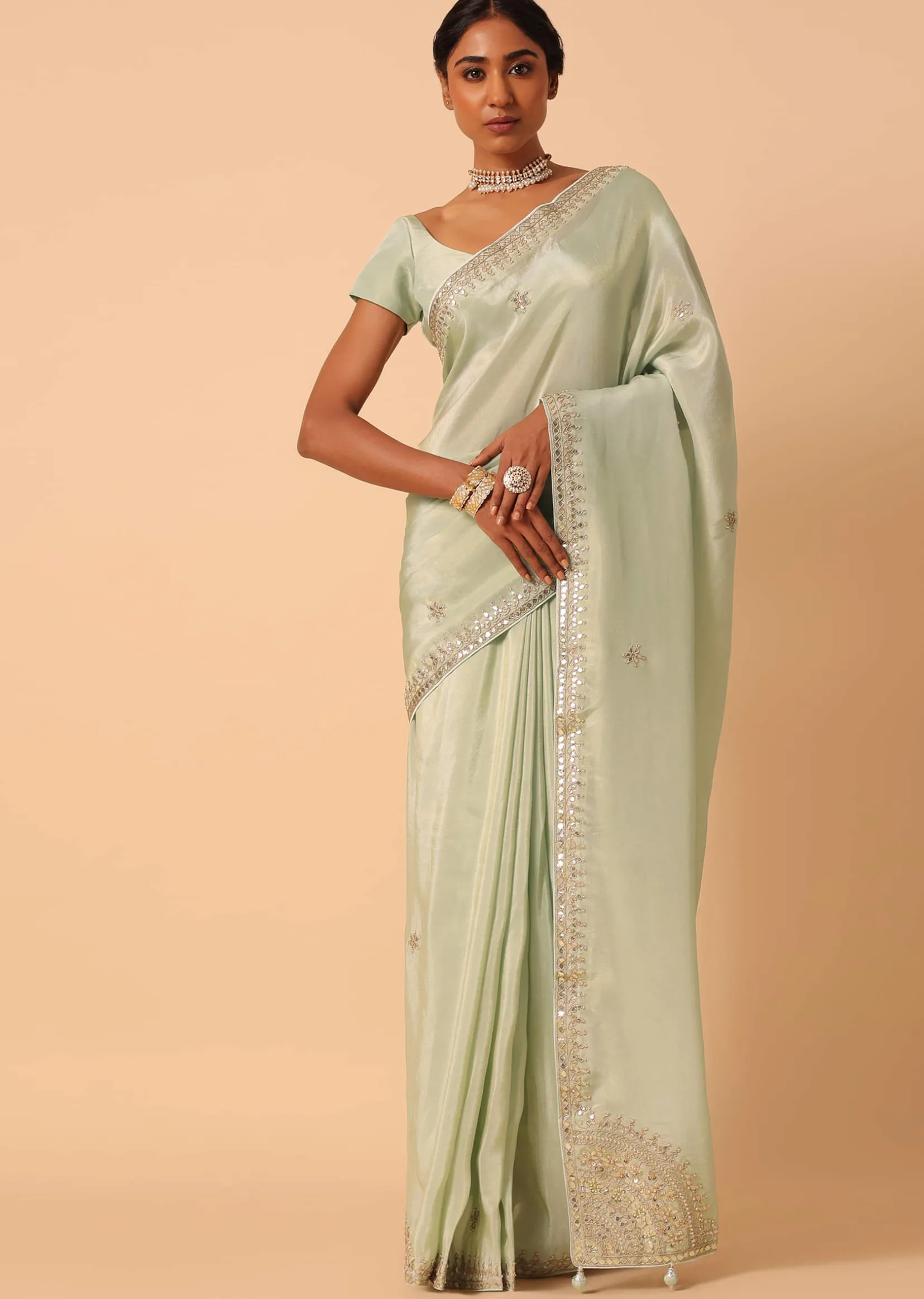 Green Tissue Silk Saree With Gota Patti Work And Unstitched Blouse Piece
