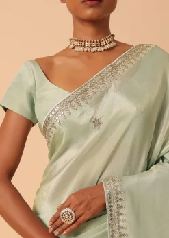 Green Tissue Silk Saree With Gota Patti Work And Unstitched Blouse Piece