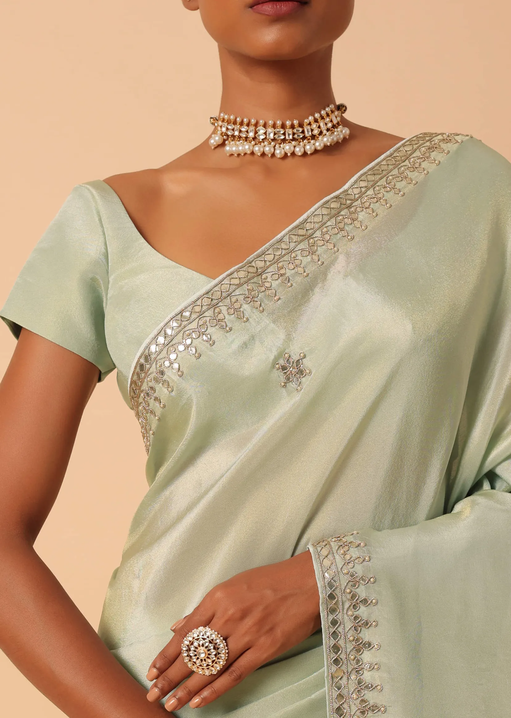 Green Tissue Silk Saree With Gota Patti Work And Unstitched Blouse Piece