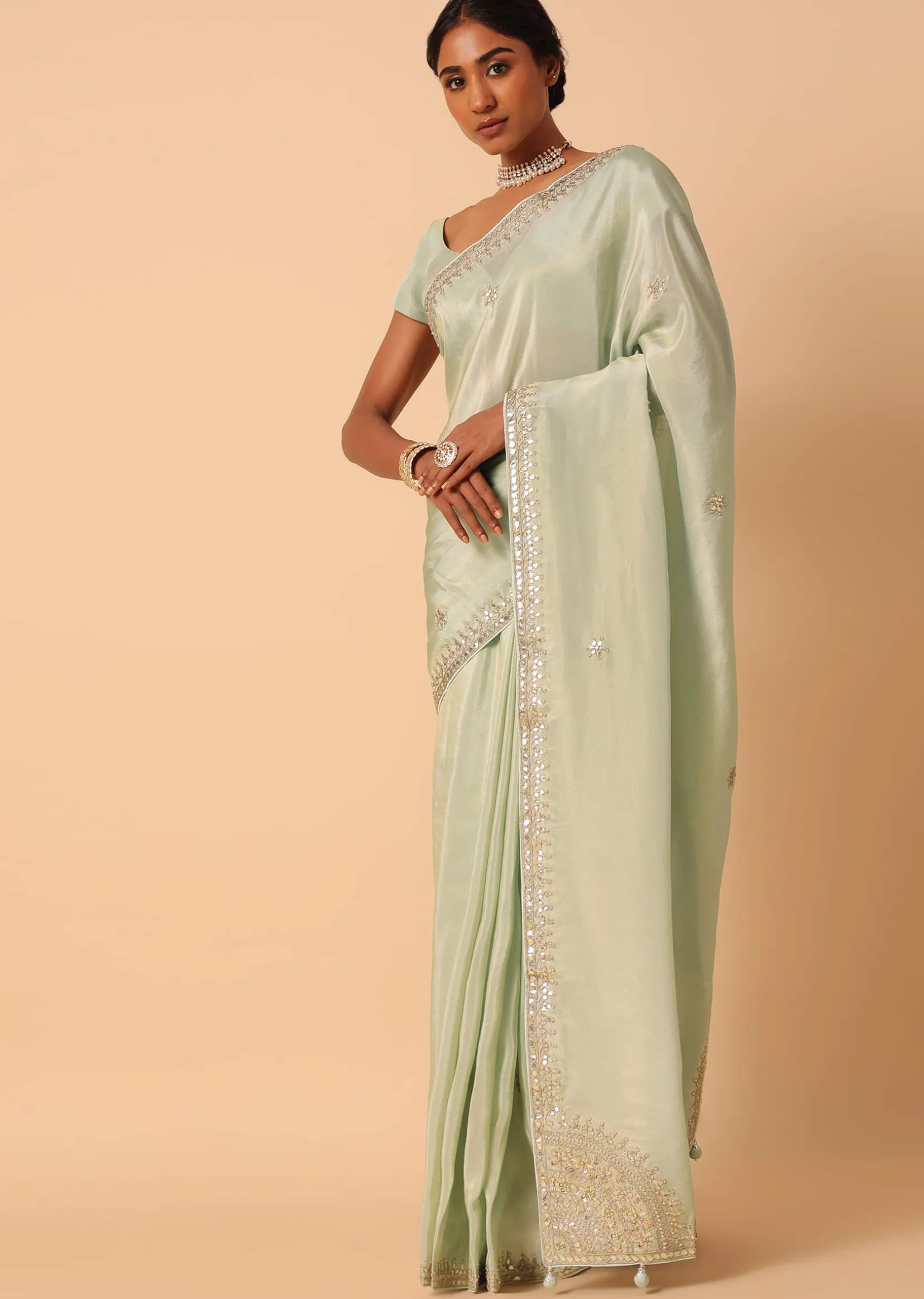 Green Tissue Silk Saree With Gota Patti Work And Unstitched Blouse Piece