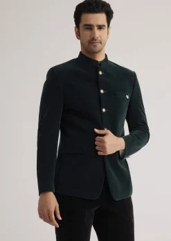 Green Velvet Jodhpuri Suit With Pocket Square