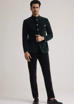 Green Velvet Jodhpuri Suit With Pocket Square