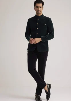 Green Velvet Jodhpuri Suit With Pocket Square