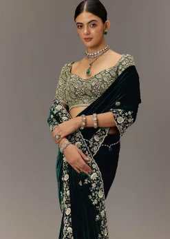 Green Velvet Saree With Brocade Embroidered Blouse