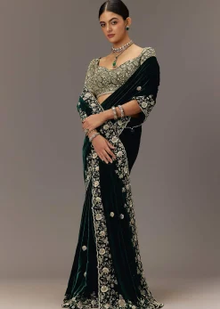 Green Velvet Saree With Brocade Embroidered Blouse