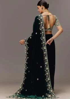 Green Velvet Saree With Brocade Embroidered Blouse
