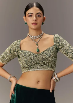 Green Velvet Saree With Brocade Embroidered Blouse