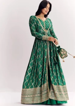 Green Weave Silk Indowestern Skirt Set With Bandhani Print Zari Work Jacket